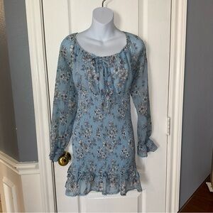 Vine And Valley Size Medium Mini Dress Tunic Smocked Waist Blue Print Sheer Arms